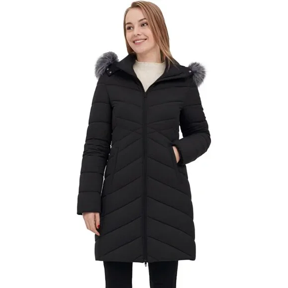 Women's Long Winter Coat Waterproof Warm Quilted Puffer Jacket with Faux Fur Hoo